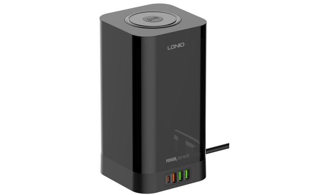 LDNIO SEW4485 2500W European Power Strip with 4 EU Sockets + 4 USB + 15W Wireless Charger Supports PD QC3.0 PPS Fast Charging Desk Vertical Charging Station with Timer Switch for iPhone 16 15 14 Pro Max, iPad Pro and MacBook Pro EU Plug